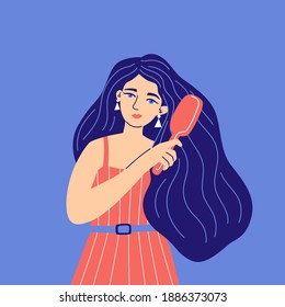 Beautiful woman combing with brush pulls her long hair. Concept of beauty salon, self-care.  Vector style illustration   