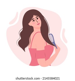Beautiful woman is combing her hair. Hair care beauty concept and daily self care routine. Vector illustration.