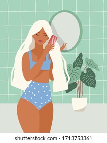 

Beautiful woman combing her long hair with a comb near the bathroom mirror. Girl with white hair in underwear in a room with a flowerpot. Illustration of hair care