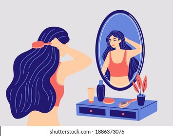 Beautiful woman combing her long hair in front of a mirror. Concept of beauty, self-care.  Girl doing makeup and looking at her reflection. Vector style illustration.