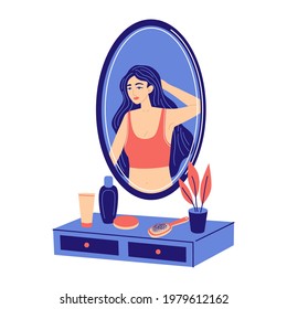 Beautiful woman combing her long hair in front of a mirror. Concept of beauty, self-care. Girl doing makeup and looking at her reflection. Vector style illustration.