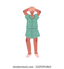 Beautiful woman in comfy pajamas standing with her hands behind her head. Girl in cozy home clothes standing cartoon vector illustration