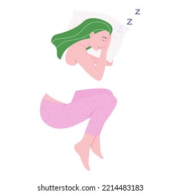 A beautiful woman is comfy sleeping, flat vector illustration.