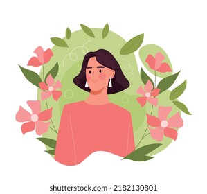 Beautiful woman concept. Young girl stands among flowers, portrait of model. Mental health, optimism and positive thinking, awareness. Poster or banner for website. Cartoon flat vector illustration