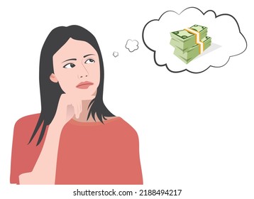 Hermosa mujer contemplando el dinero resolviendo sus problemas financieros sobre fondo blanco. Concepto de finanzas ilustraciones vectoriales.