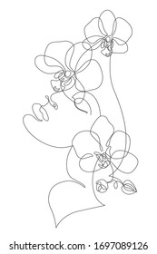 Beautiful woman continuous line art. Female portrait with tropical florals: orchid flowers. Hand drawn illustration for fashion design, Vector one line drawing. Glamour beauty background