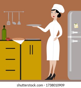 Beautiful woman cook wearing hat and chef uniform. Chef woman holding a plate. Woman in kitchen. Cooking. Vector illustration.