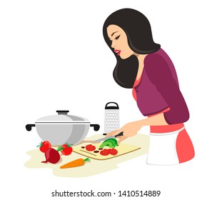Beautiful woman is cooking. Woman cuts with a knife vegetables. Vector illustration on white background. Housewife
