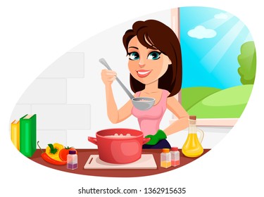 Beautiful woman cooking in her kitchen. Cute lady cartoon character preparing food. Vector illustration.