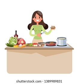 Beautiful woman cooking soup on the kitchen. Homemade delicious food. Cute housewife at the stove. Vector illustration in cartoon style