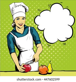 Beautiful woman cooking. Vector illustration in retro pop art style. Female chef in uniform. Restaurant concept.