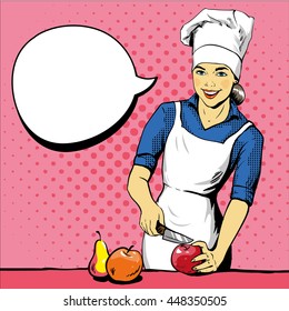 Beautiful woman cooking. Vector illustration in retro pop art style. Female chef in uniform. Restaurant concept.