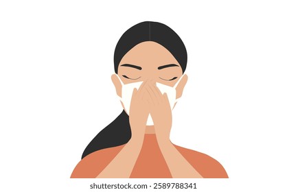 Beautiful woman coughing and sneezing holding tissue suffer from running nose and fever. vector illustration . 