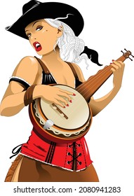 Beautiful Woman In Cowboy Hat Playing Banjo Illustration