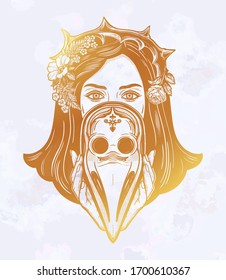 Beautiful woman in a crown of thorns, holding a plague doctor mask -medieval gothic tattoo style.Symbol of unity, solidarity and support in a health crisis. Isolated vector illustration.