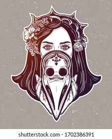 Beautiful woman in a crown of thorns, holding a plague doctor mask -medieval gothic tattoo style.Symbol of unity, solidarity and support in a health crisis. Isolated vector illustration.
