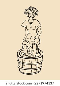 Beautiful woman crushing grapes with her feet to make wine. Engraving style. Vector illustration.