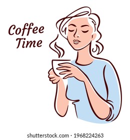 Beautiful woman with Cup of Coffee or Tea. Coffee time Concept. Vector Illustration. 