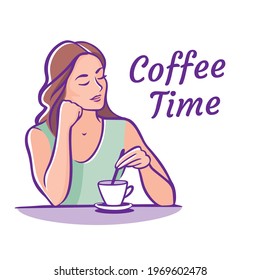 Beautiful woman with Cup of Coffee or Tea. Coffee time Concept. Vector Illustration. 