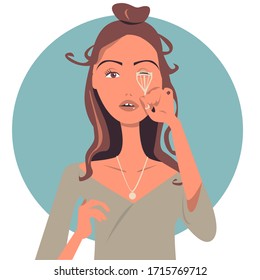 
A beautiful woman curls her eyelashes with eyelash curlers.
Сartoon illustration. Vector.