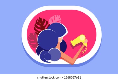 beautiful woman with curly blue hair blowing and drying her hair with a yellow hairdryer on a pink background with leaves monstera. vector illustration flat style concept