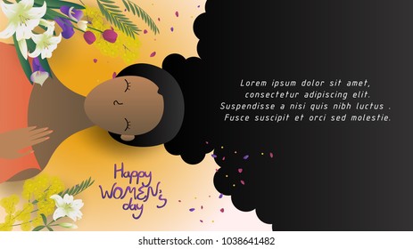 beautiful woman curly hair with symbol flowers,cute cartoon character,vector illustration,international women's day,for website banner,commercial,content head or presentation background,space for text