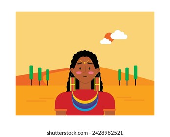 Beautiful woman with curly hair wearing traditional clothes and accessories, african ethnicity. Character design. Vector flat illustration