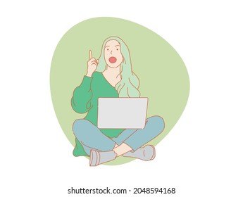 beautiful woman or cute girl  sitting in front  computer laptop , colorful vector