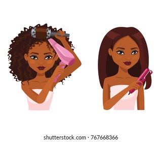 Beautiful woman with dark brown skin does a hairstyle.