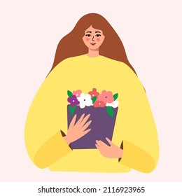 beautiful woman with dark hair holds a bouquet of spring flowers in her hands. Vector concept of pastel colors for Mother's Day, Valentine's Day, Women's Day on March 8.