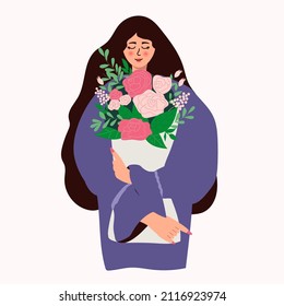 beautiful woman with dark hair holds a bouquet of spring flowers in her hands. Vector concept of pastel colors for Mother's Day, Valentine's Day, Women's Day on March 8