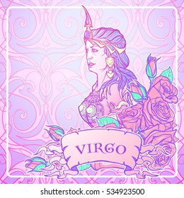 Beautiful woman with a decorative flower frame. Seamless pattern background. Zodiac Art Nouveau luxury style set. Virgo. Tattoo design. Pastel goth colors. EPS10 vector illustration.