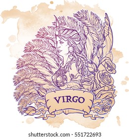 Beautiful woman with a decorative flower frame. Grunge background. Vintage style. Zodiac Art Nouveau luxury style. Virgo. Tattoo design. EPS10 vector illustration.