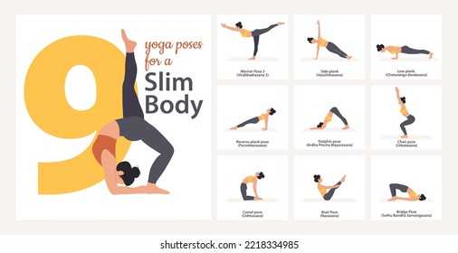 Beautiful woman demonstrating yoga poses. Set of yoga asanas with names in English and Sanskrit for a slim body. Yoga sequence vector design.