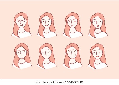 Beautiful woman with different facial expressions. Young girl smiling, happy, kind, unhappy face character. Set of woman emotions. Facial expression. Cartoon flat Design Isolated Vector Illustration