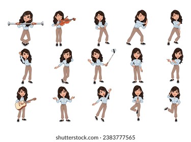 Beautiful woman with different facial expressions set. Vector illustration isolated on white.