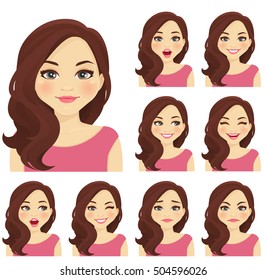 Beautiful woman with different facial expressions set isolated vector illustration