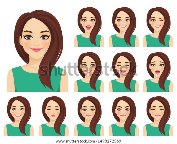 Beautiful Woman Different Facial Expressions Set 库存矢量图（免版税）1498272569 