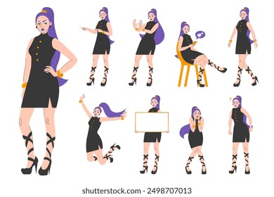 Beautiful woman in different poses set vector isolated. Female character in black dress with purple long hair. Girl pointing, sitting and holding smartphone. Different emotions.