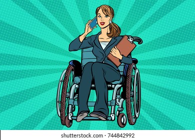 Beautiful Woman Disabled Businesswoman. Talking On The Phone. Pop Art Retro Vector Illustration