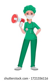 Beautiful woman doctor holding loudspeaker. Female medical doctor or nurse cartoon character working in the hospital. Vector illustration