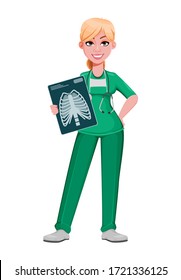 Beautiful woman doctor holding x-ray image. Female medical doctor or nurse cartoon character working in the hospital. Vector illustration