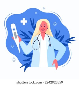 Beautiful woman doctor in a lab coat with a stethoscope. Medical consultation and support. Online doctor. Healthcare services. Vector for clinic web site, app, banner, poster
