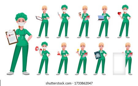 Beautiful woman doctor, set of eleven poses. Female medical doctor or nurse cartoon character working in the hospital. Vector illustration