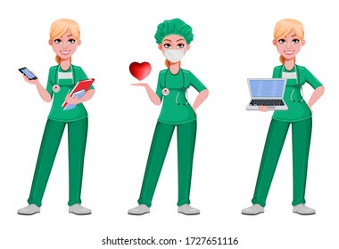 Beautiful woman doctor, set of three poses. Female medical doctor or nurse cartoon character holding smartphone, holding heart and holding laptop. Vector illustration