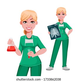 Beautiful woman doctor, set of two poses. Female medical doctor or nurse cartoon character working in the hospital. Vector illustration isolated on white background
