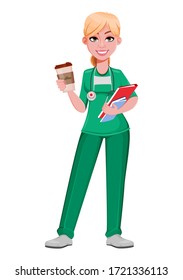 Beautiful woman doctor while coffee break. Female medical doctor or nurse cartoon character working in the hospital. Vector illustration