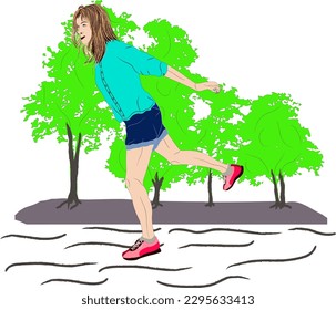 The beautiful woman does morning jogging in the middle of the trees