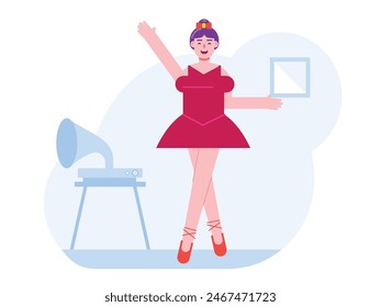 Beautiful woman doing ballet in a room with vinyl records of classical songs. Character design. Vector flat illustration