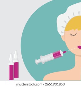 Linda mulher fazendo injeções de beleza, lábios, seringa, injeções, ampolas, rejuvenescimento, enchimentos, rosto da mulher, cosmetologia